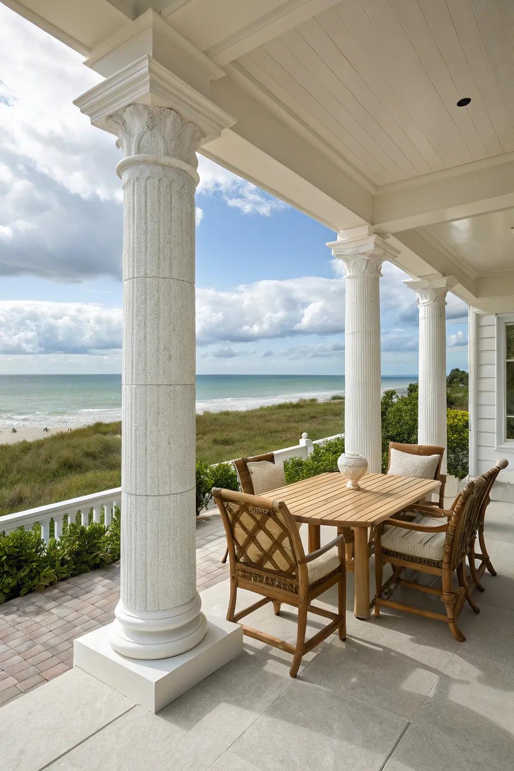 Faux stone columns provide elegance with ease of maintenance.