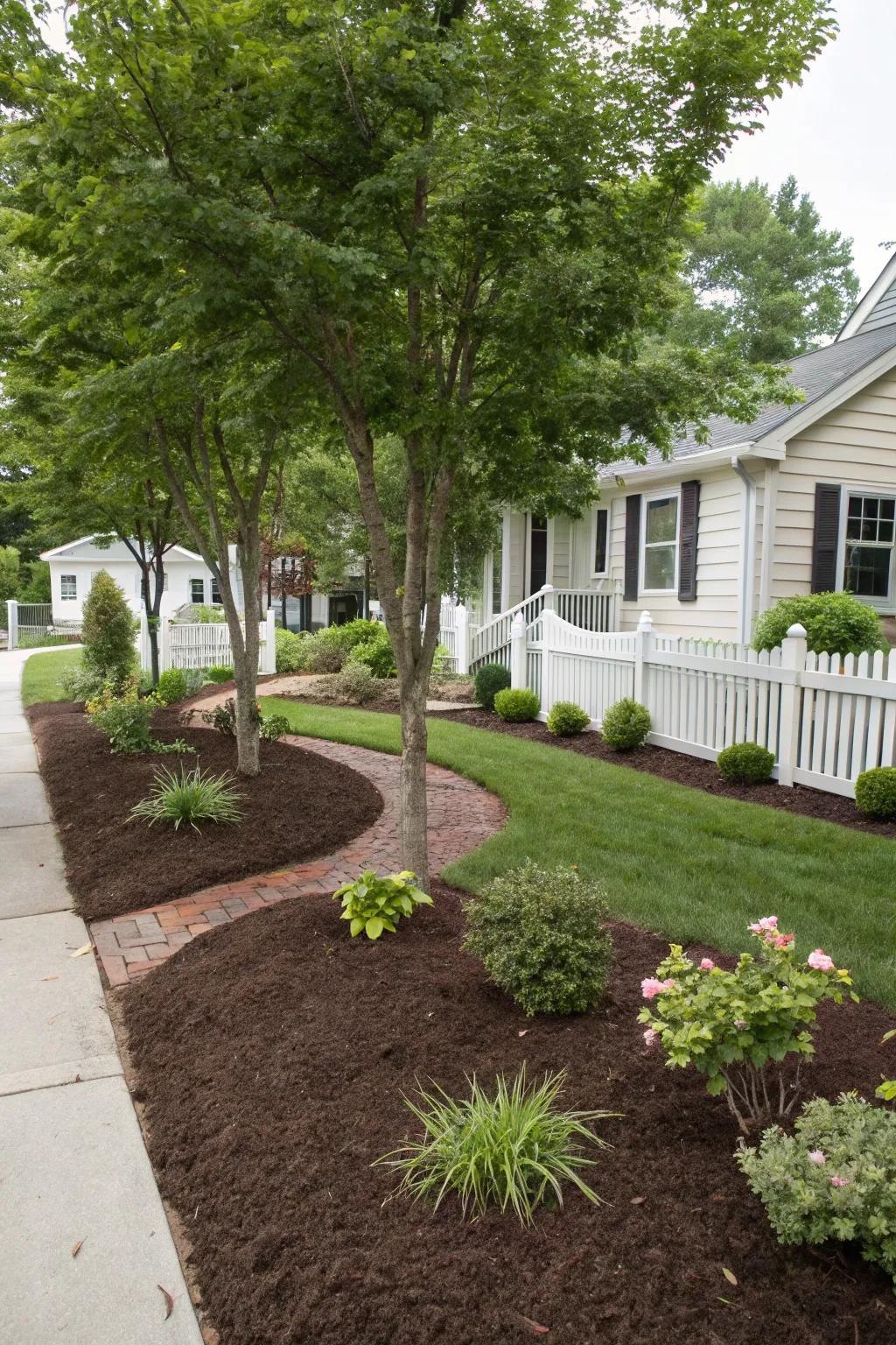 Mulch areas reduce maintenance and enhance plant health.