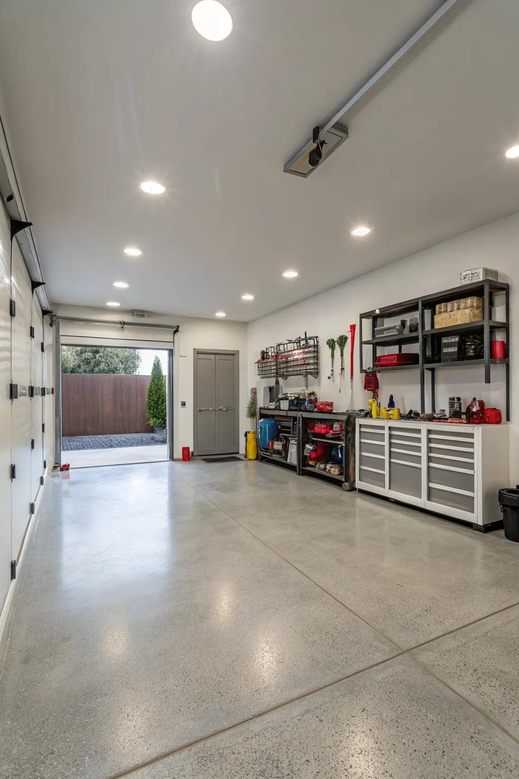 Recessed lighting keeps your garage stylishly illuminated.