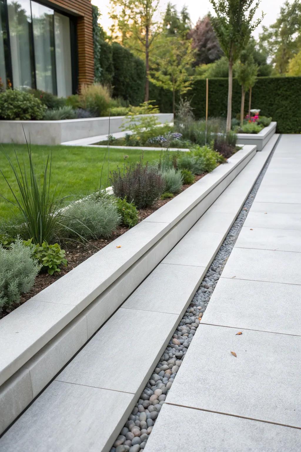 Concrete edging provides a sleek and minimalist touch to gardens.