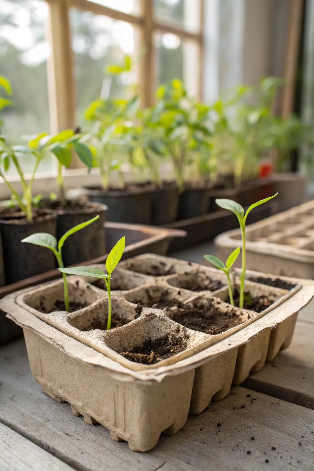 Seedlings thriving in recycled DIY seedling trays.