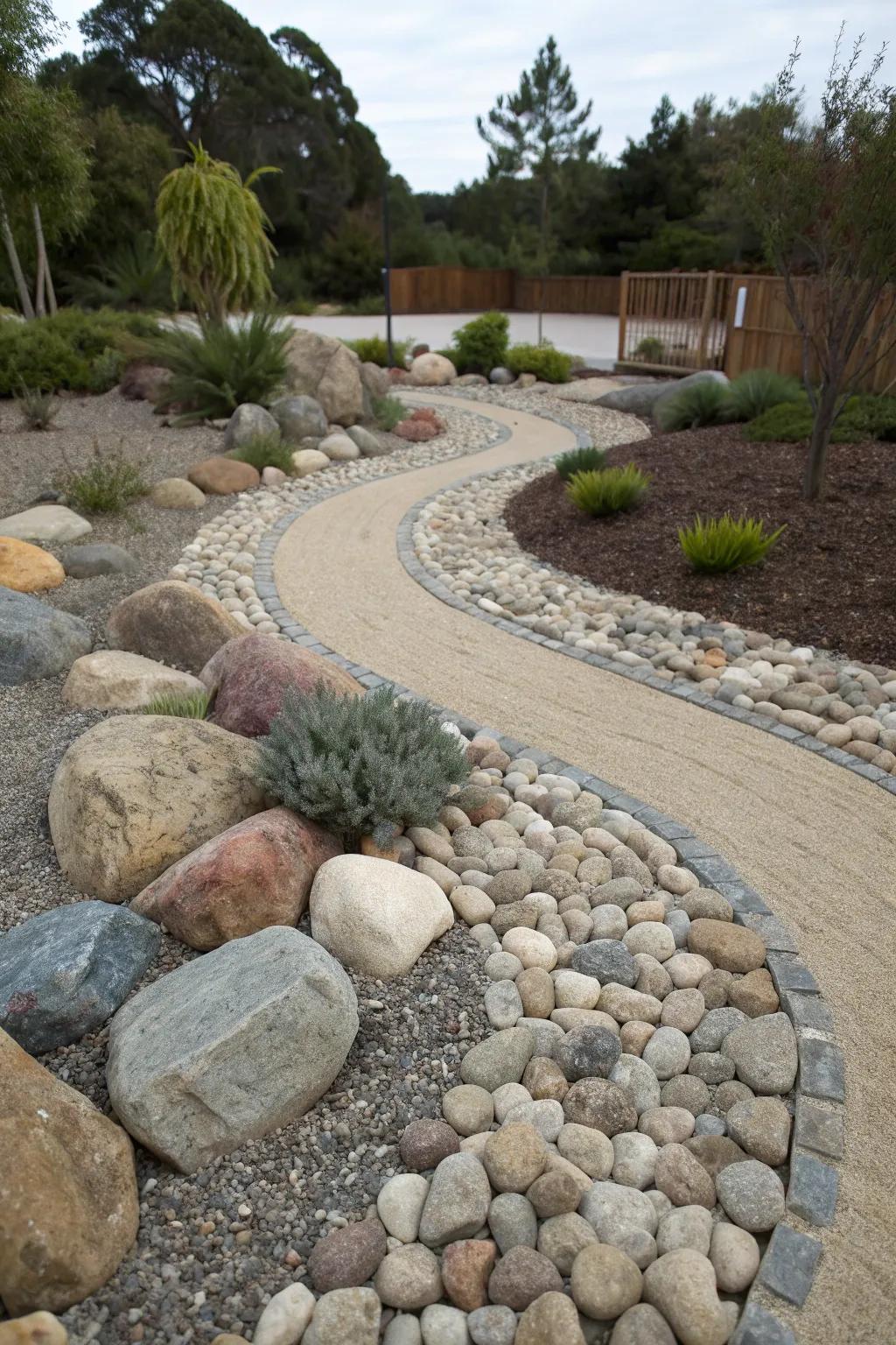 Decorative rocks enhancing the aesthetic of a gravel garden.