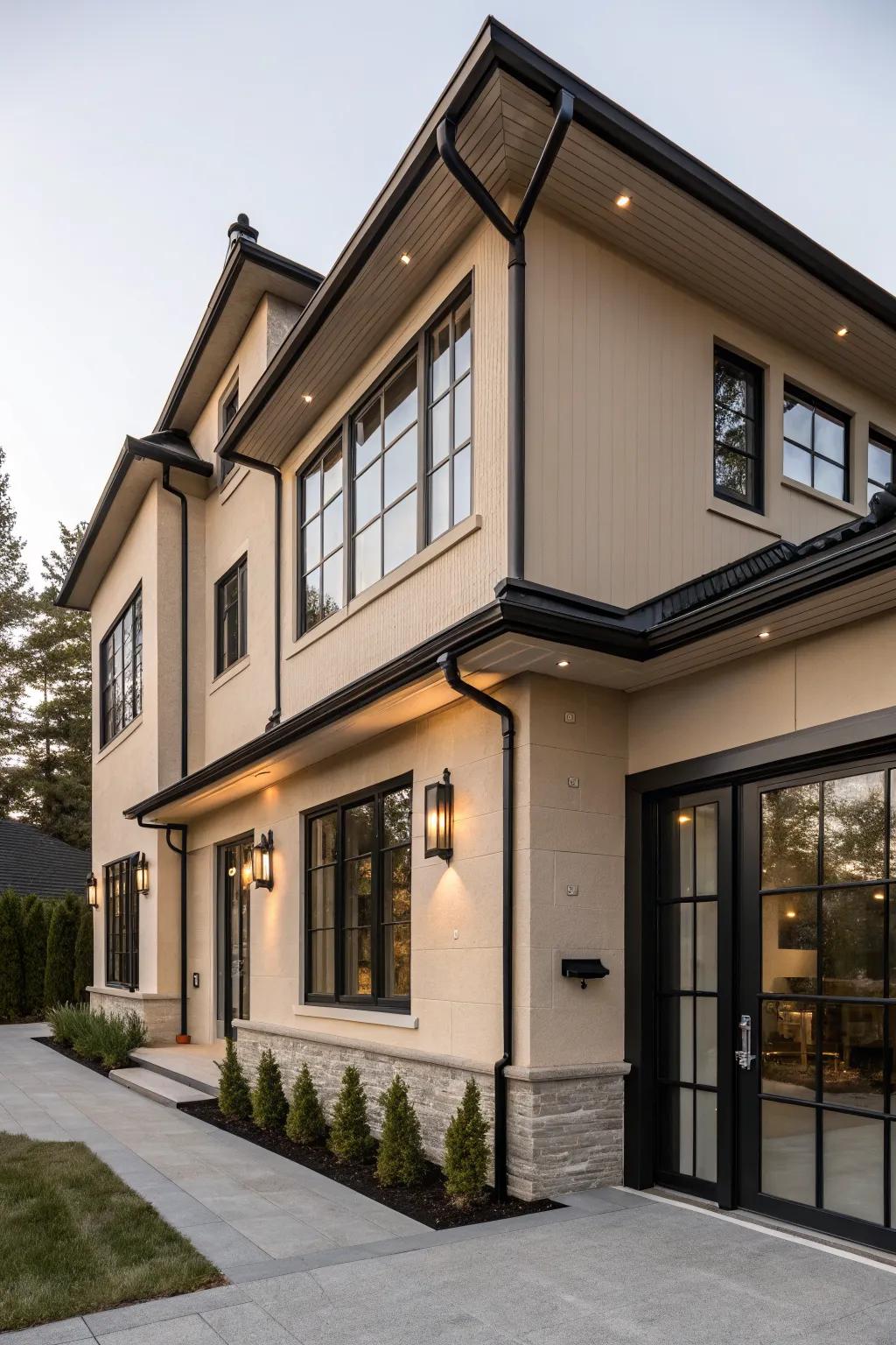 A modern house painted in warm greige, highlighted by black fixtures.