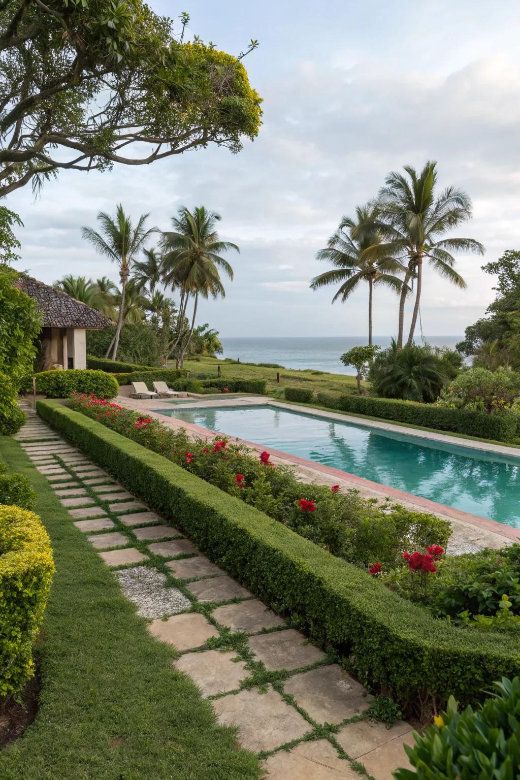 A pool area enveloped by lush greenery and meticulously maintained landscaping.