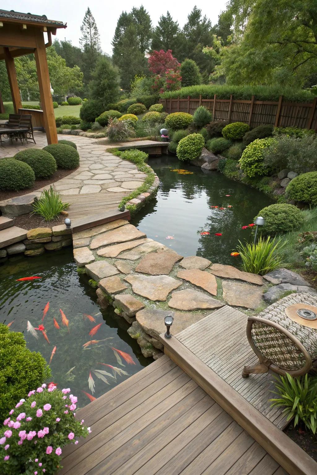 Invite exploration with elegant pathways around your koi pond.