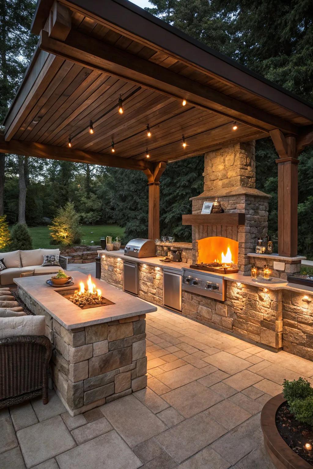 Integrated features like fire pits and storage add functionality to your outdoor kitchen.