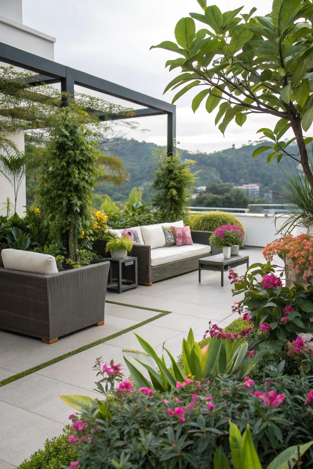 A modern patio enriched with lush greenery.