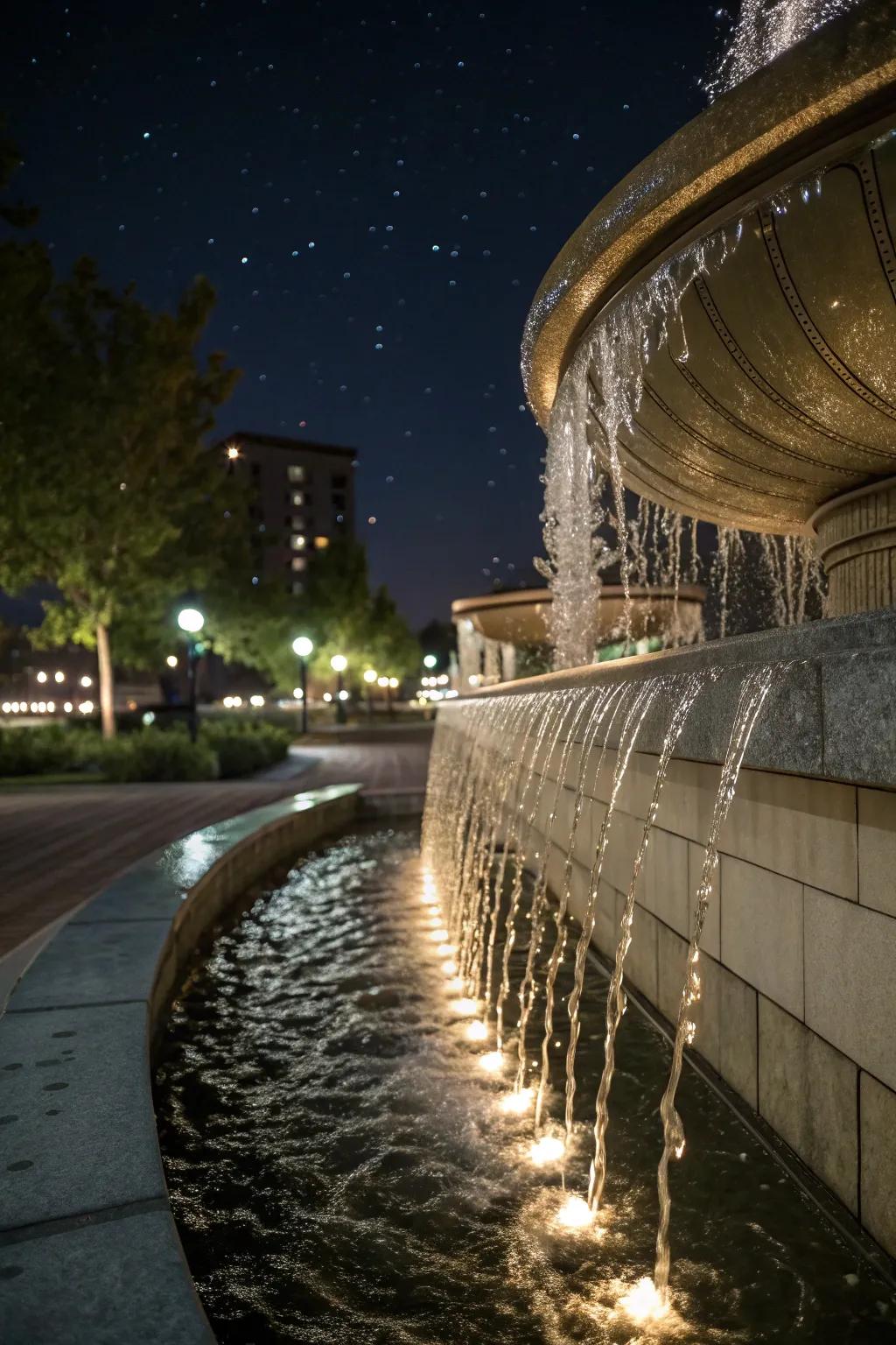 Water wall fountain with ambient lighting creating a magical night-time atmosphere.