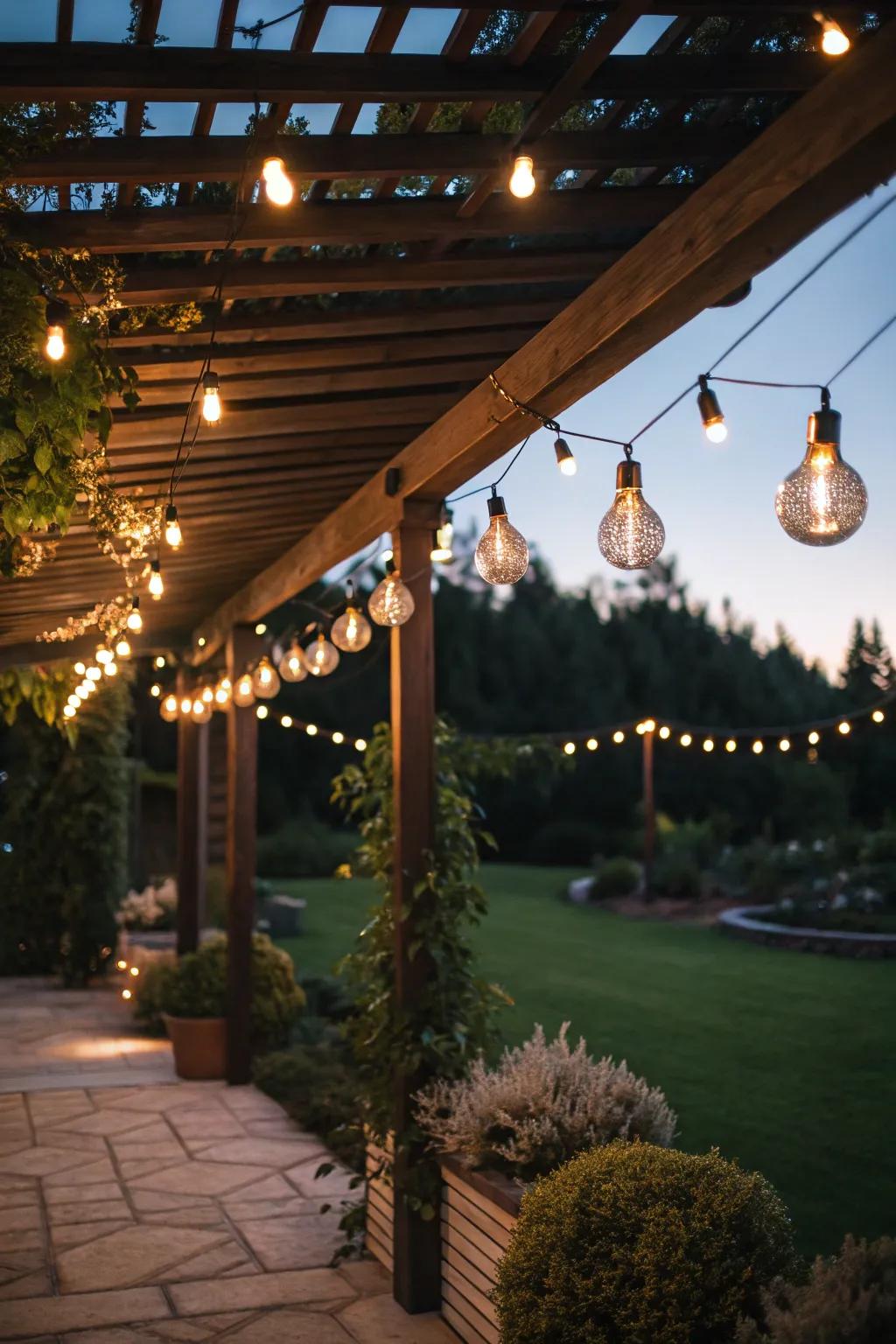 A pergola beautifully lit with string lights, perfect for evening gatherings.