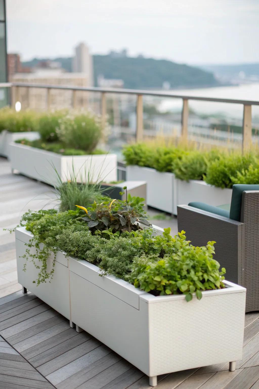 Fused with furniture, planters enhance outdoor spaces.