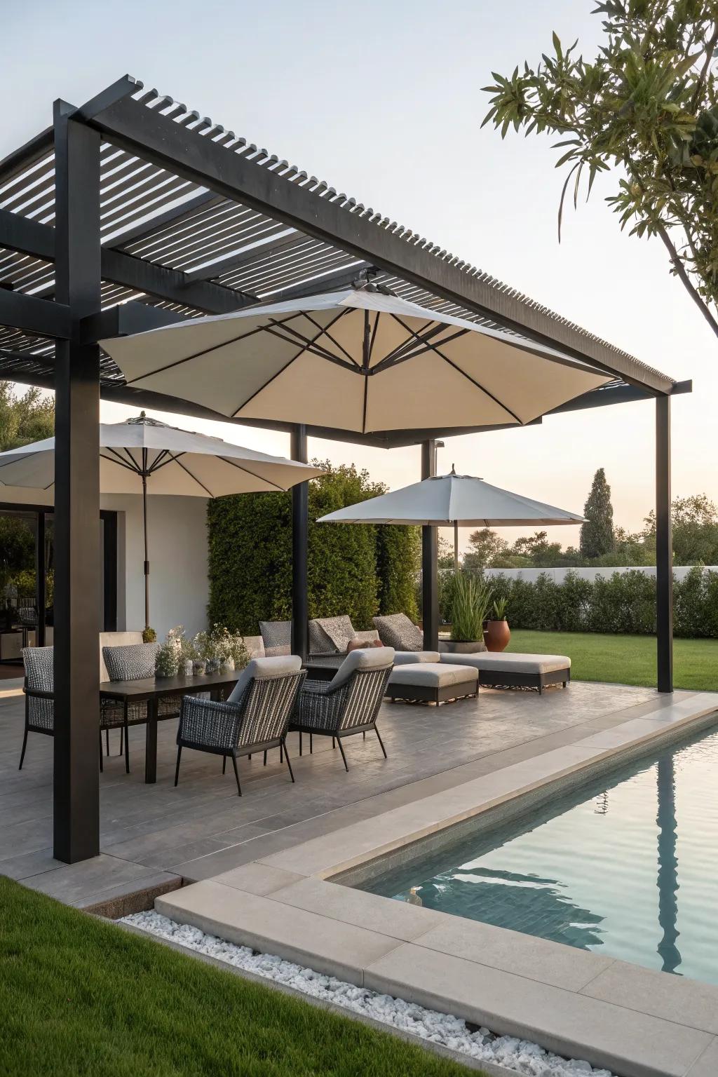 A pool patio featuring a pergola and stylish umbrellas for shade.