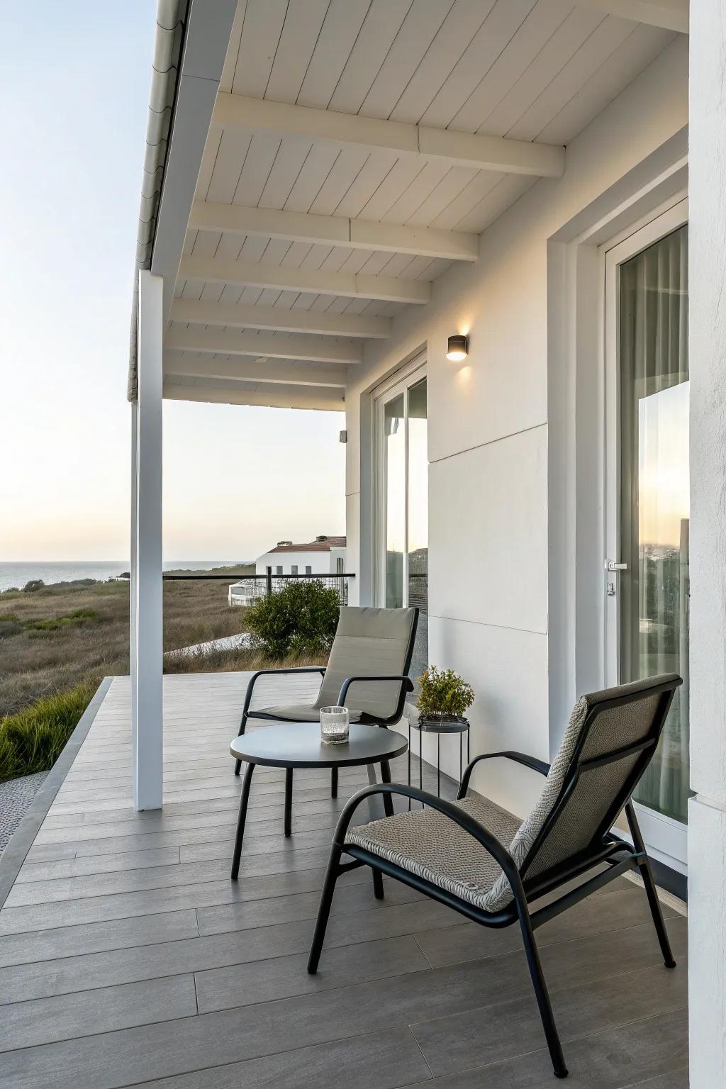 A modern porch featuring simple and contemporary furniture.