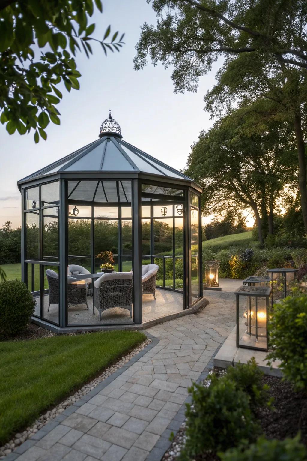 A contemporary gazebo with sleek design elements and modern appeal.