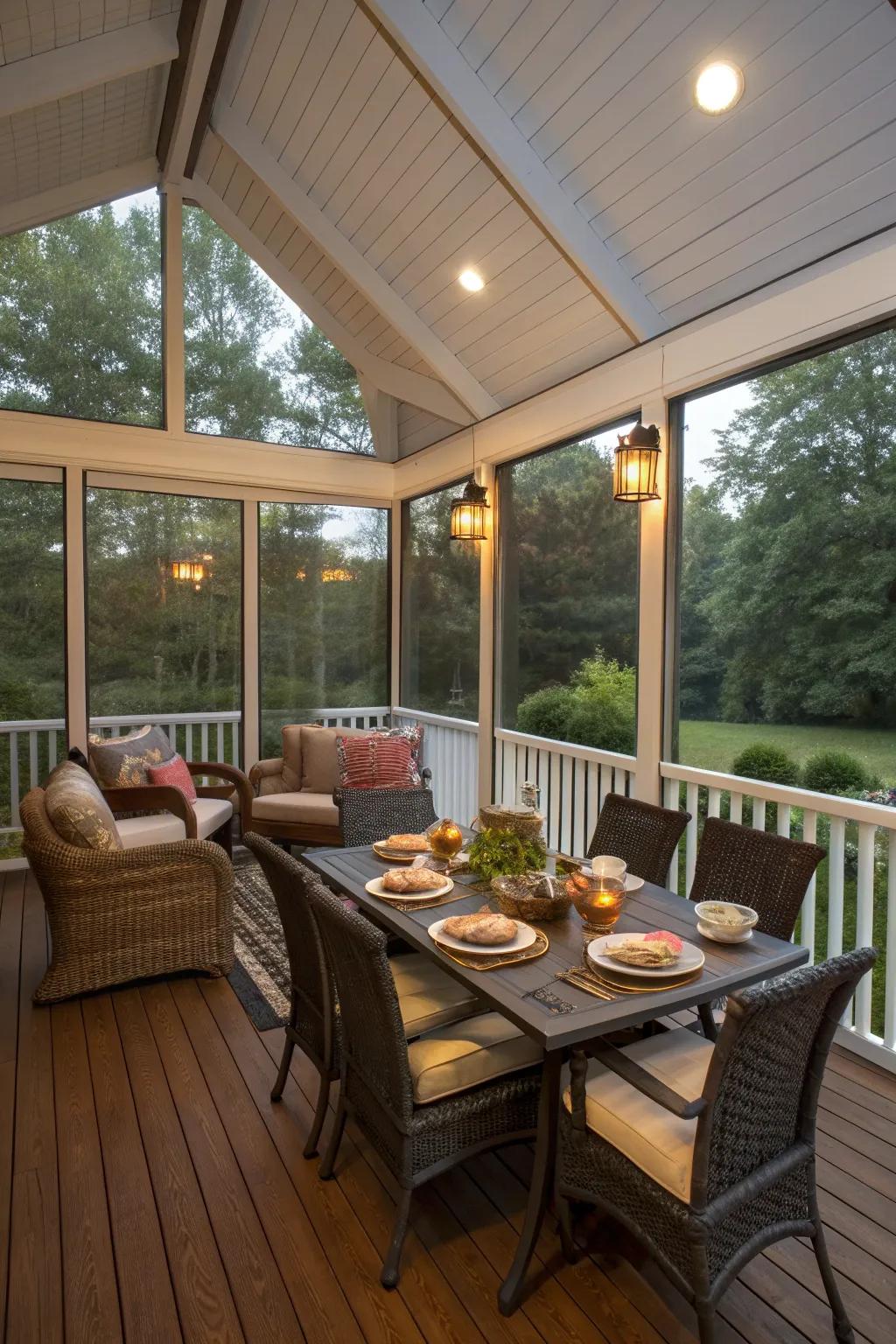 A functional porch with a dining setup for versatile use.