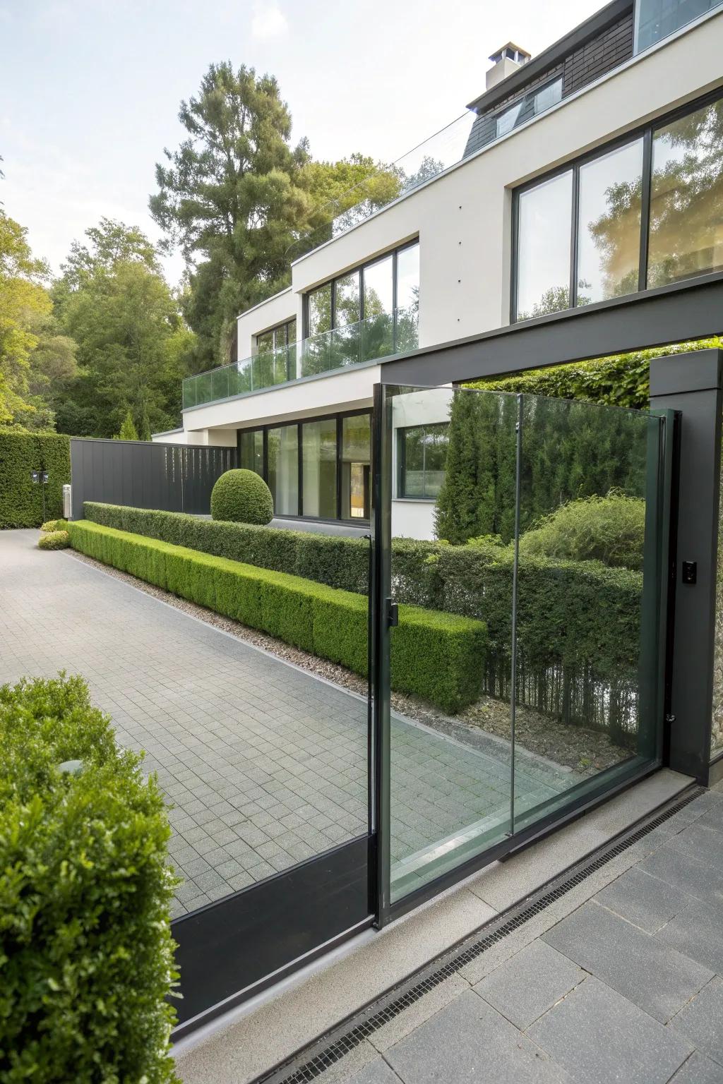 Contemporary glass panels for a modern sliding gate.