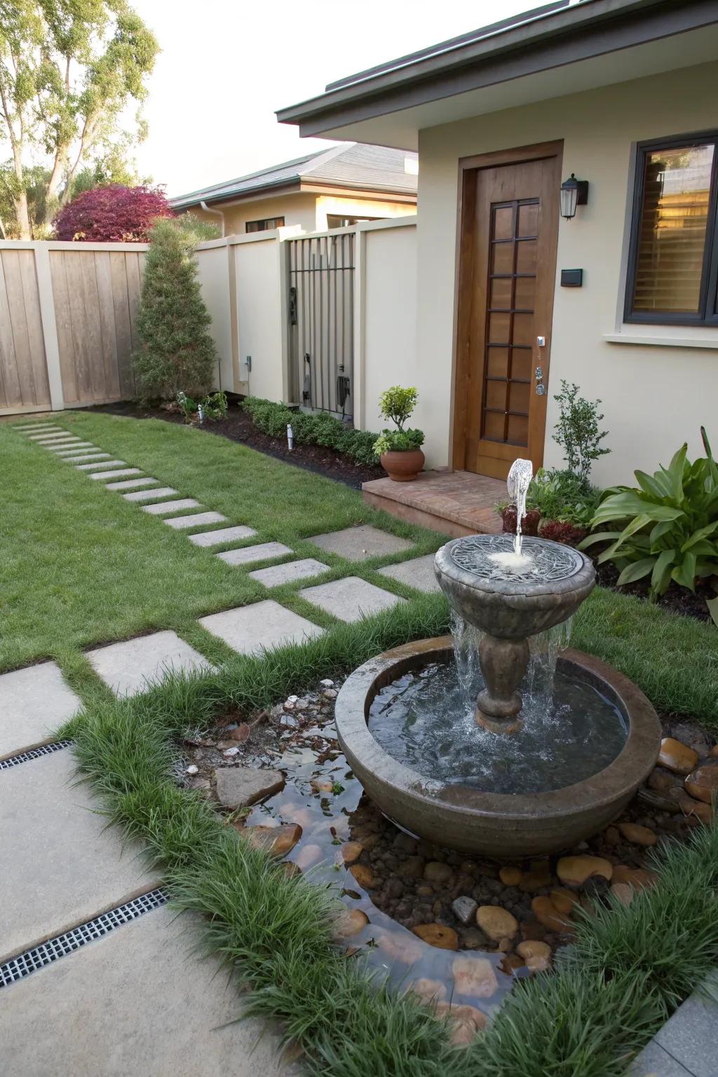 A water feature adds tranquility and elegance to your front yard.