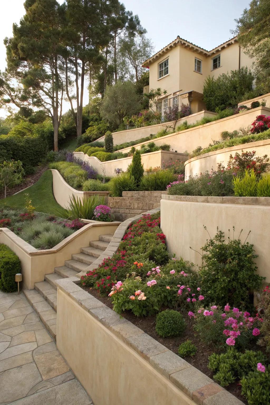 Layered stucco terraces transform slopes into beautiful gardens.