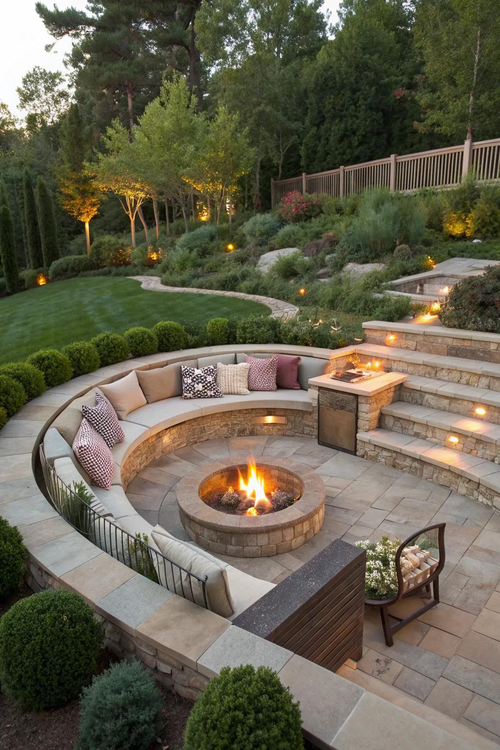 A multi-level sunken fire pit adds depth and interest to any backyard.
