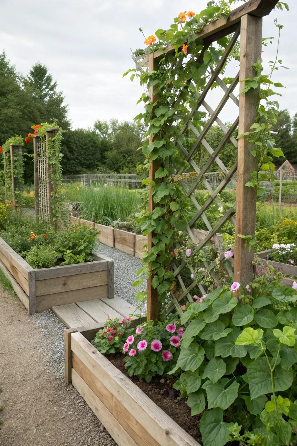 A trellis with raised beds offers both beauty and function.