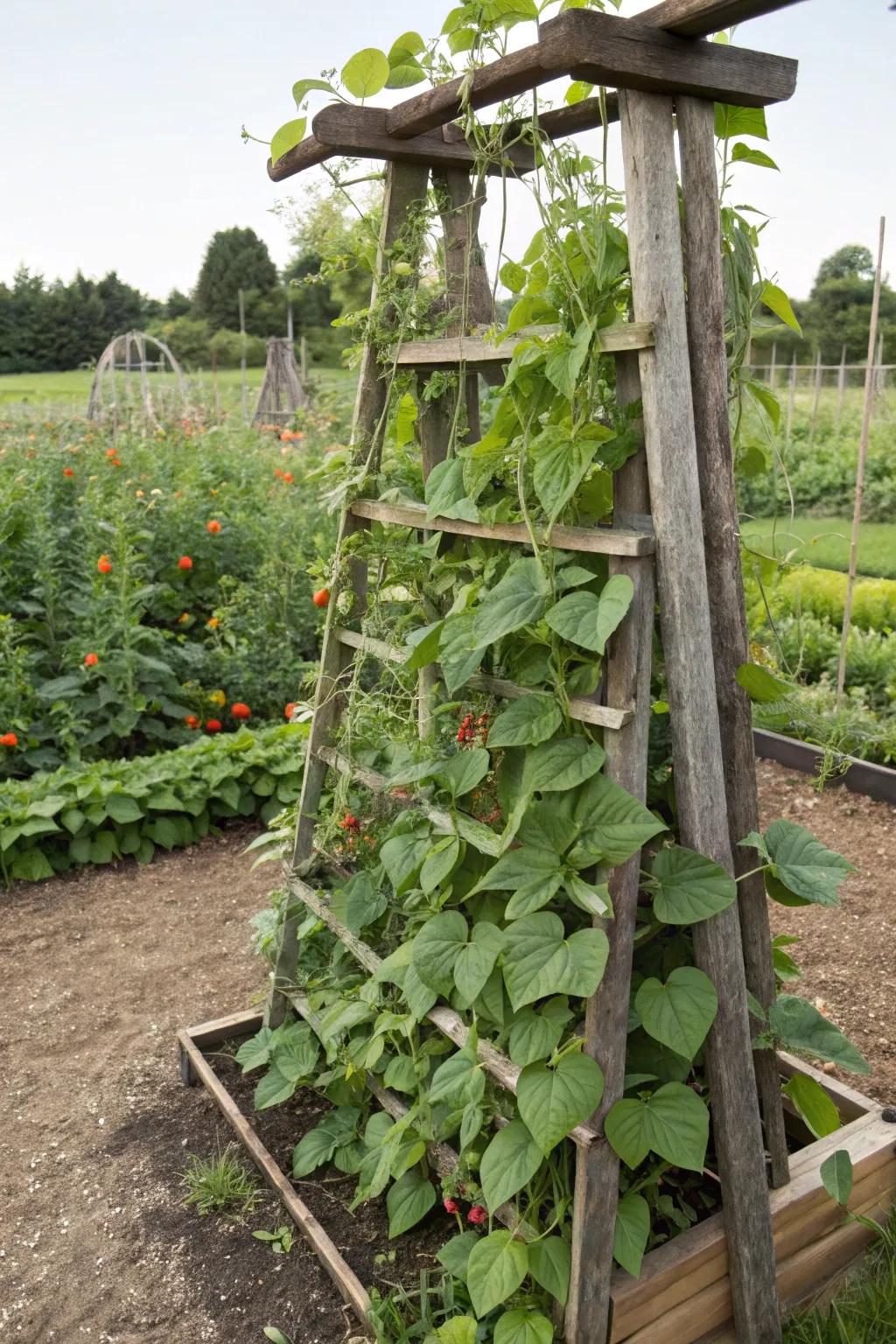 A rustic wooden trellis supporting climbing beans.