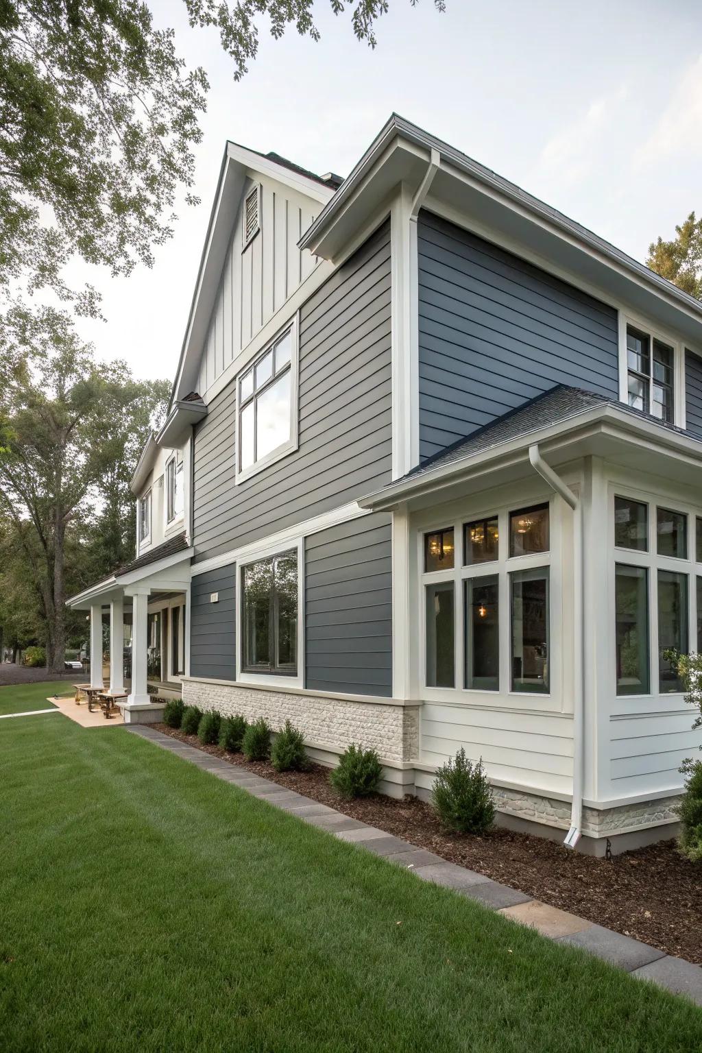 Contrasting vinyl siding colors highlight architectural features.