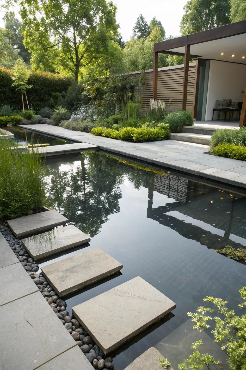 A reflective pool with stepping stones adds elegance.