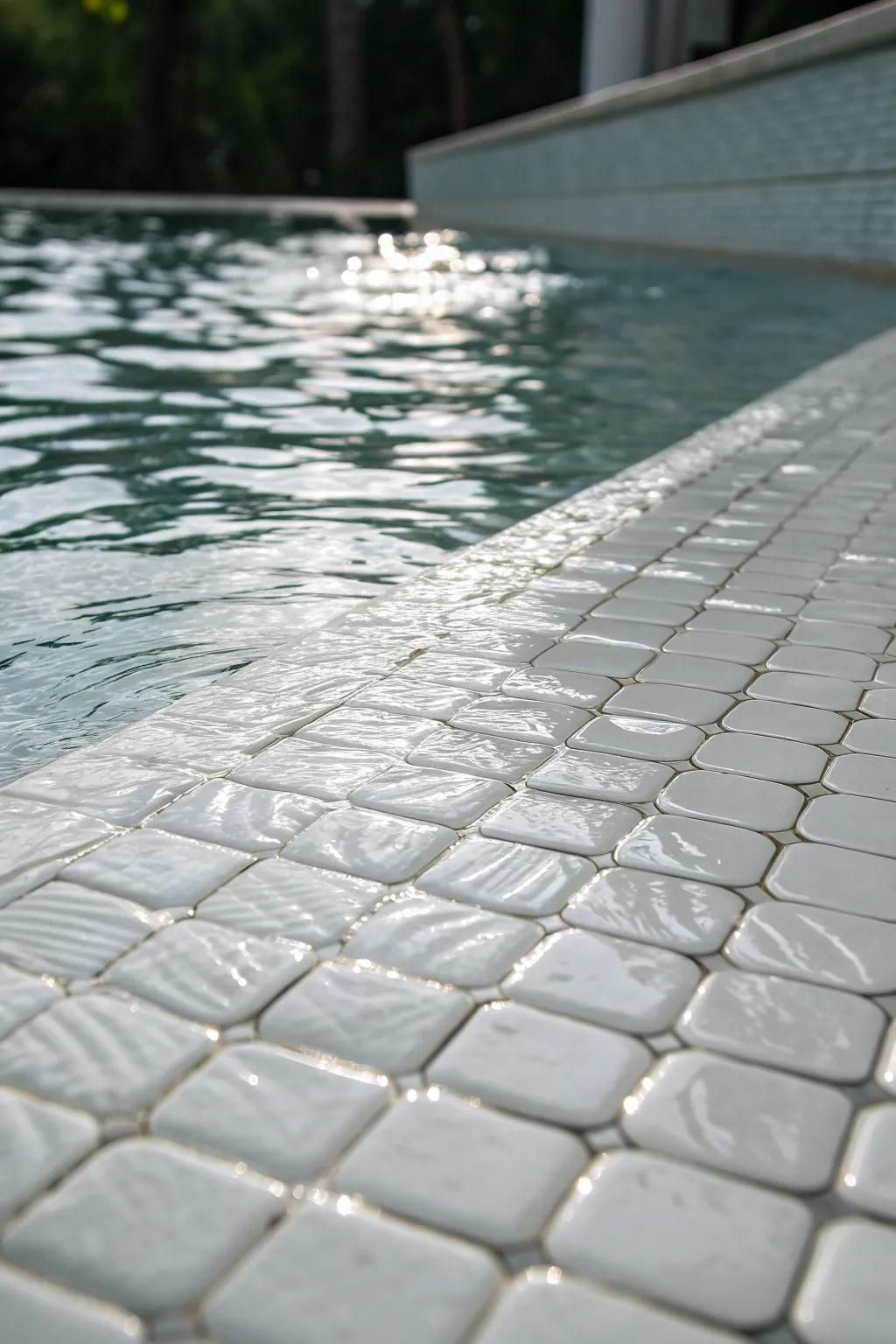Textured white tiles creating dynamic reflections in the pool.