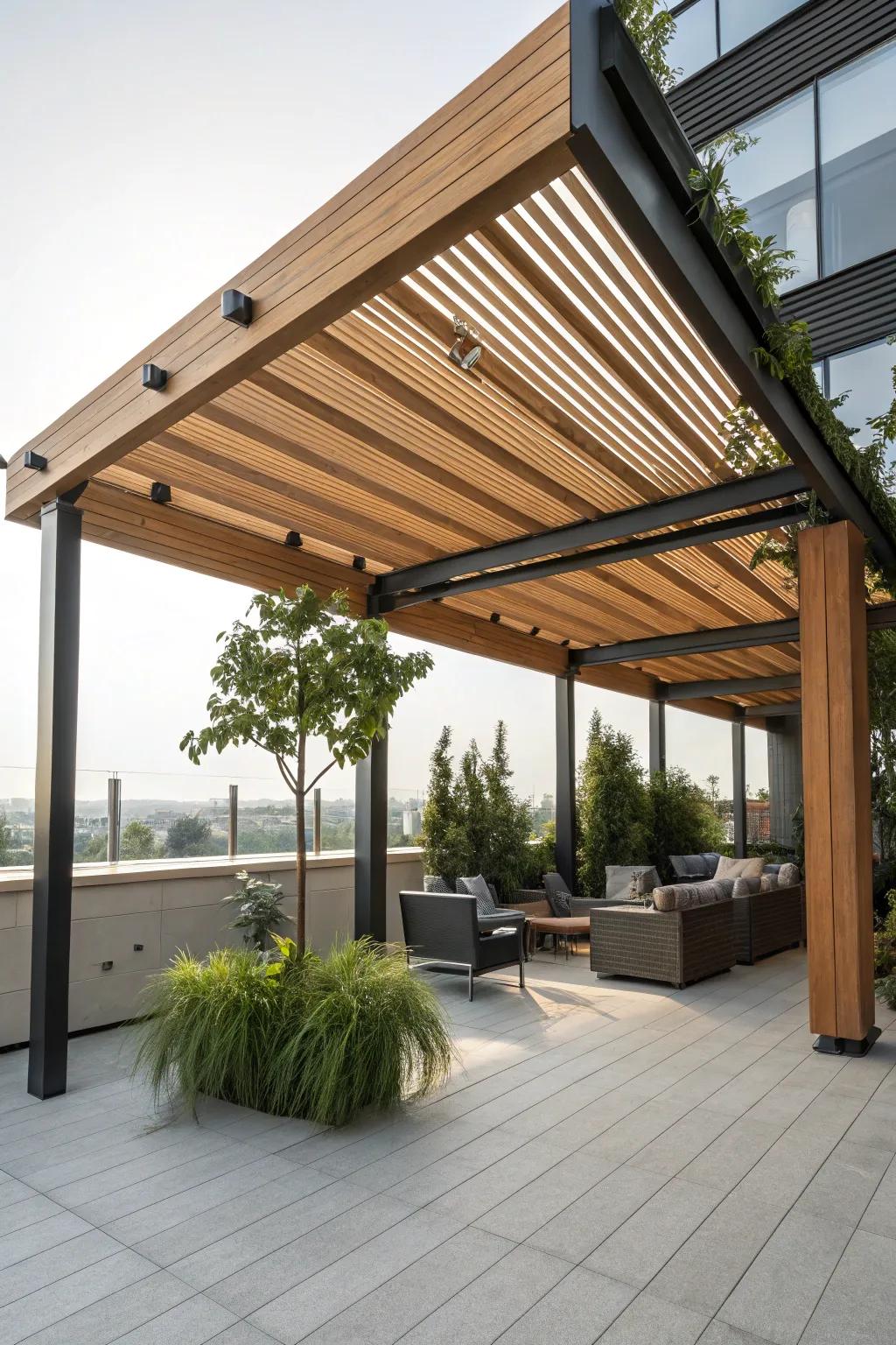 Visible beams and supports add architectural interest to this wooden awning.