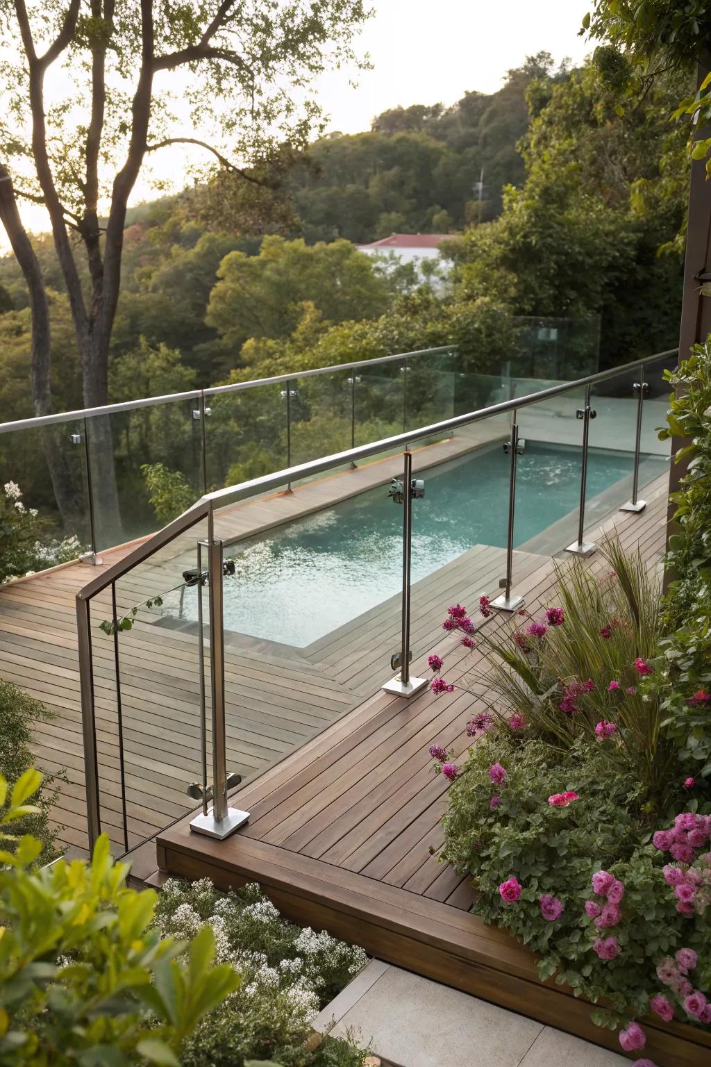 A modern pool deck with a mix of wood, glass, and metal elements.