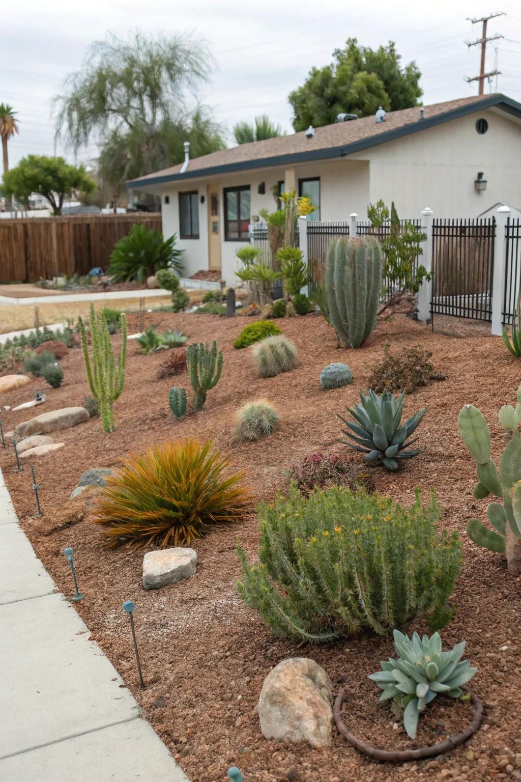 A xeriscape front yard using mulch to retain moisture and reduce maintenance.