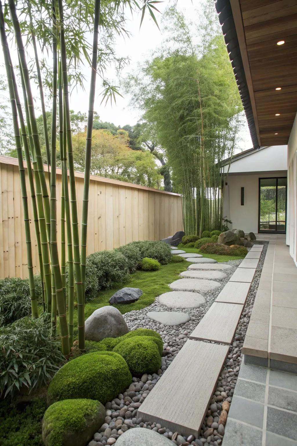 Bamboo and moss bring texture and calm to a Zen garden.