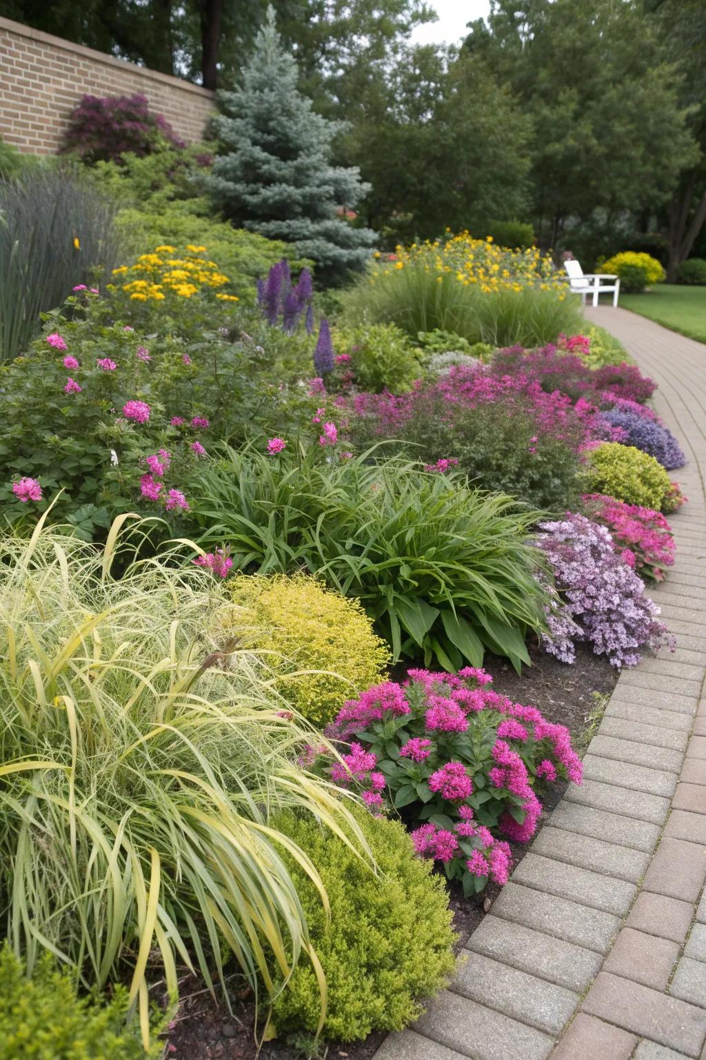 Mix monkey grass with flowers and shrubs for a vibrant display.