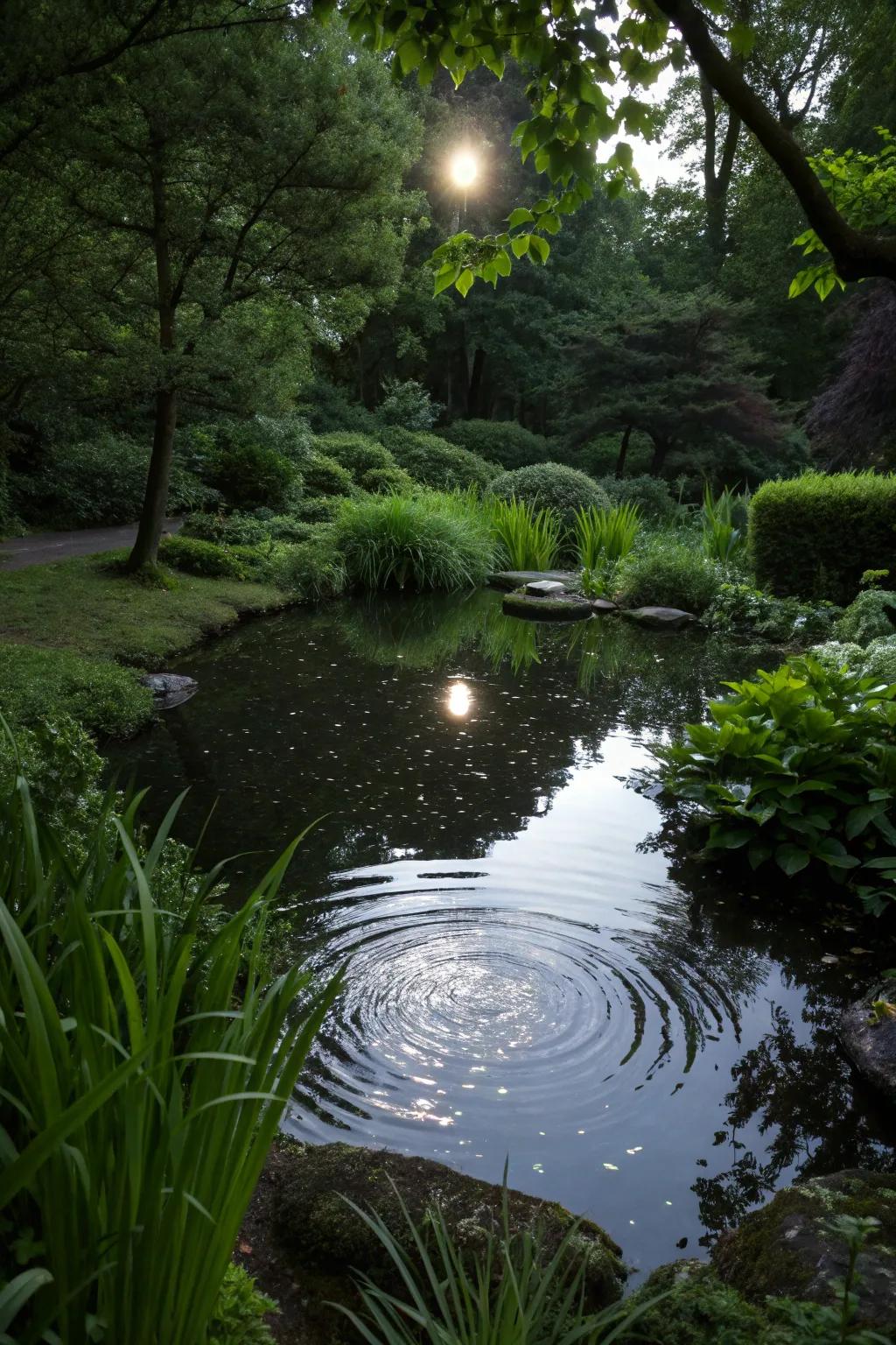 A small pond reflecting the serene moonlight.