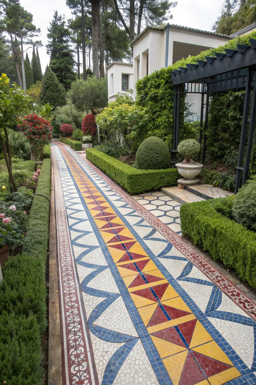 Geometric patterns bring a modern edge to this mosaic path.