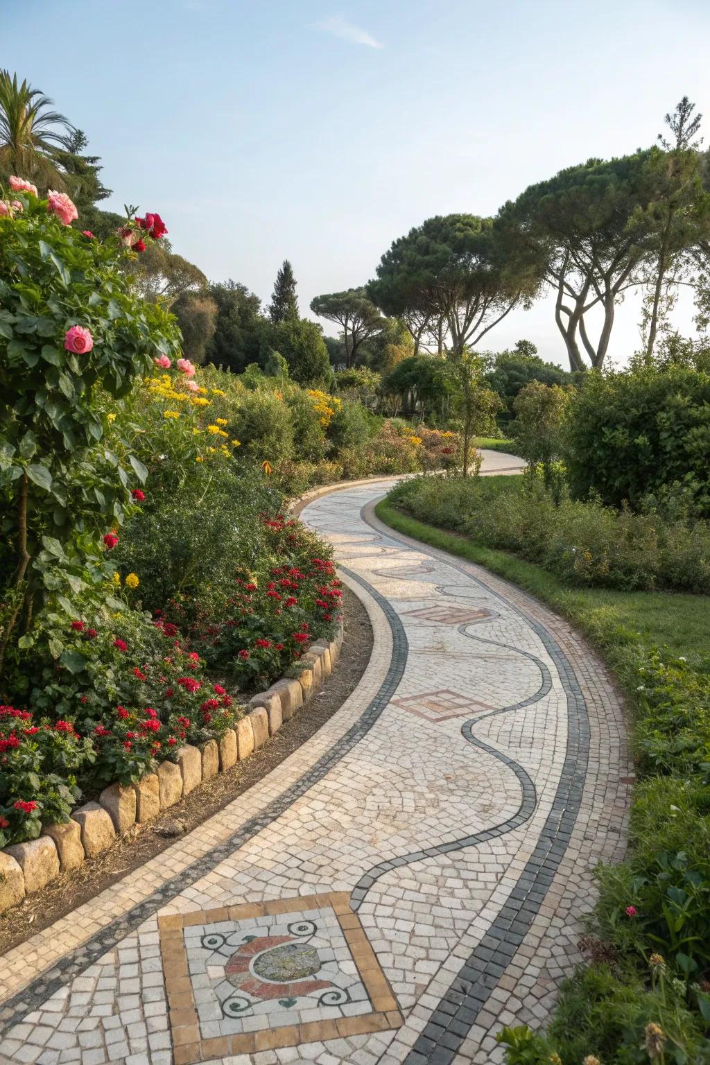 A whimsical curved mosaic pathway meandering through a lush garden, inviting exploration.