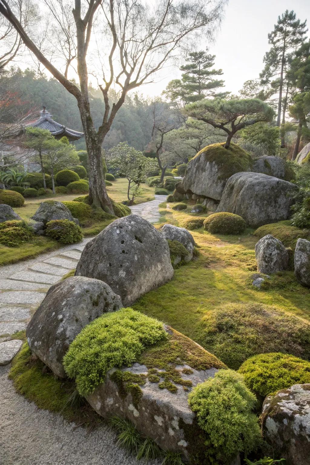 A rock garden with large boulders, elegantly draped in soft green moss.