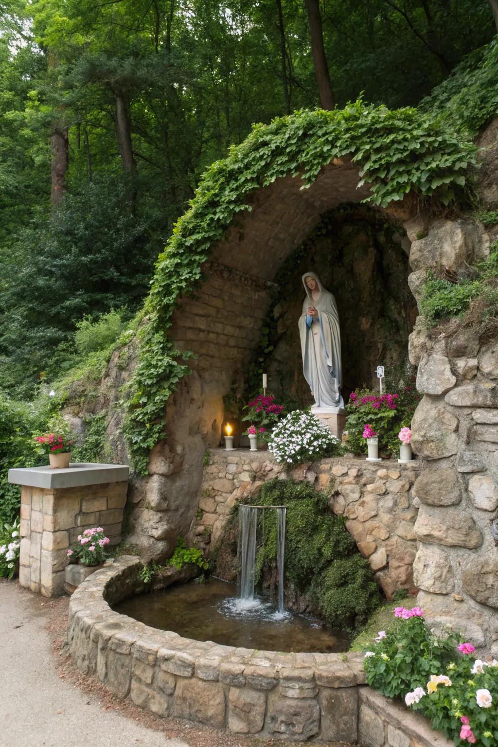 A water feature adds a serene soundscape to your grotto.
