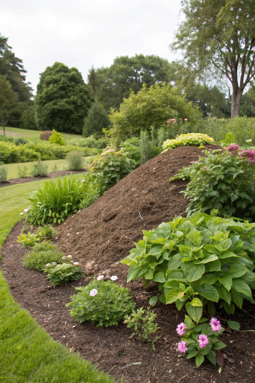 Mulch-defined borders maintain a tidy garden mound.