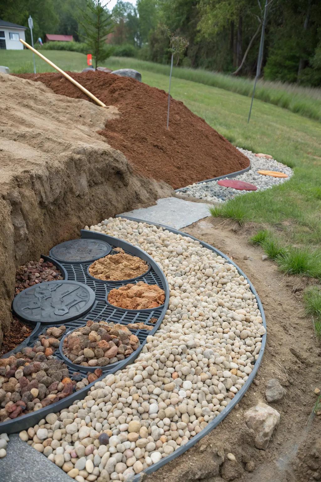 Decorative gravel offers a neat and colorful ground cover.