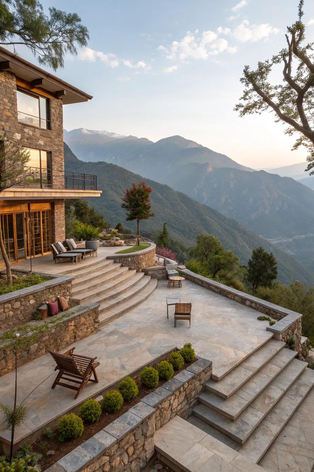 Multi-level patios offer dynamic spaces and stunning views.
