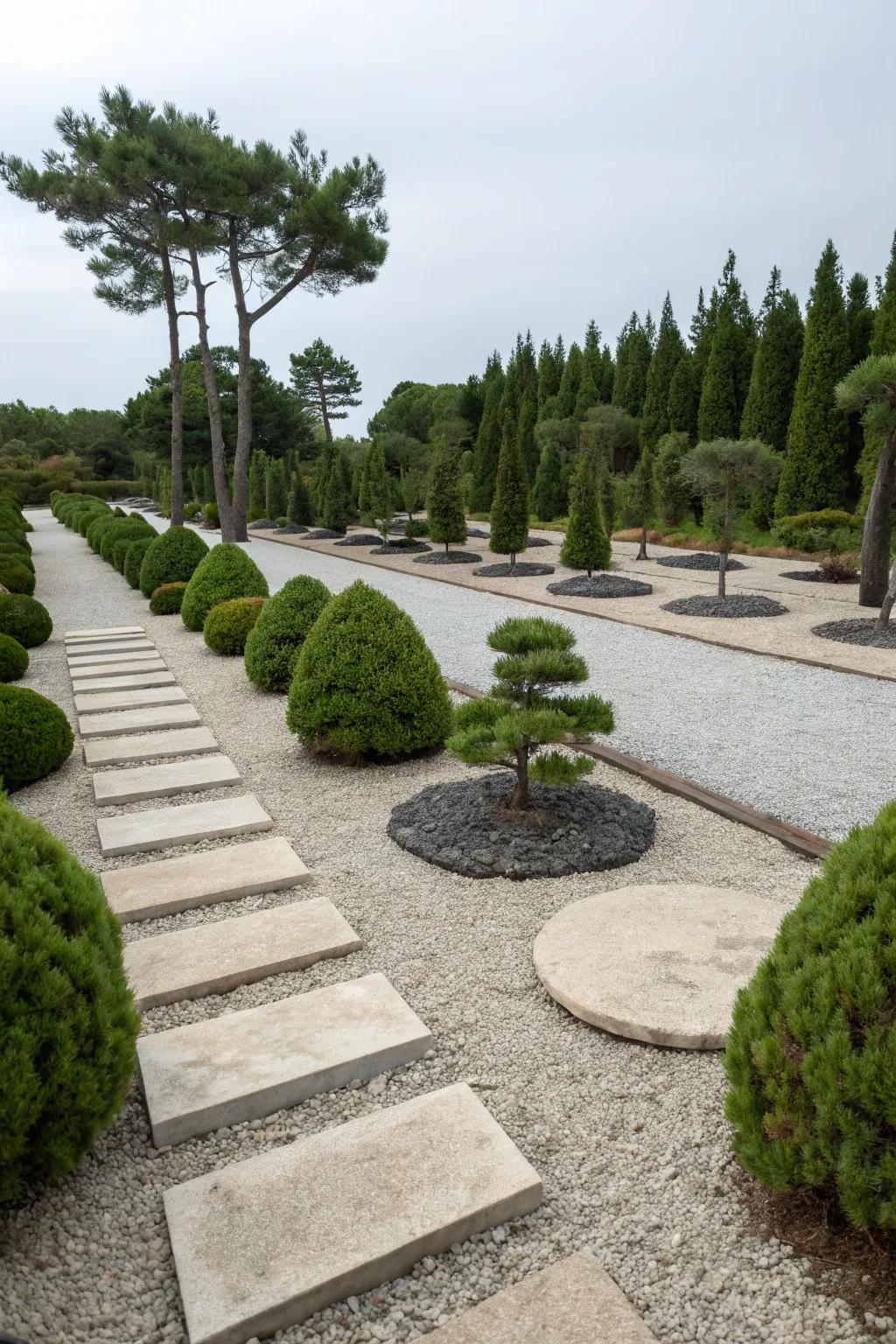 Achieve modern minimalist vibes with mugo pines in your garden.