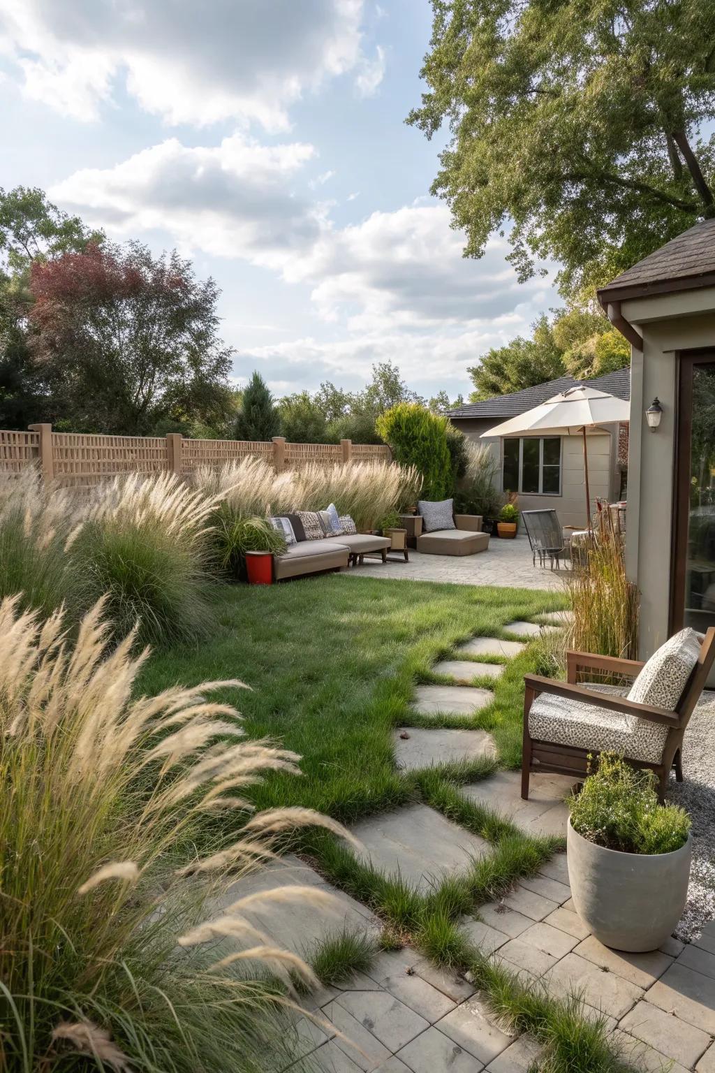 Muhly grass adding a calming element around a patio area.