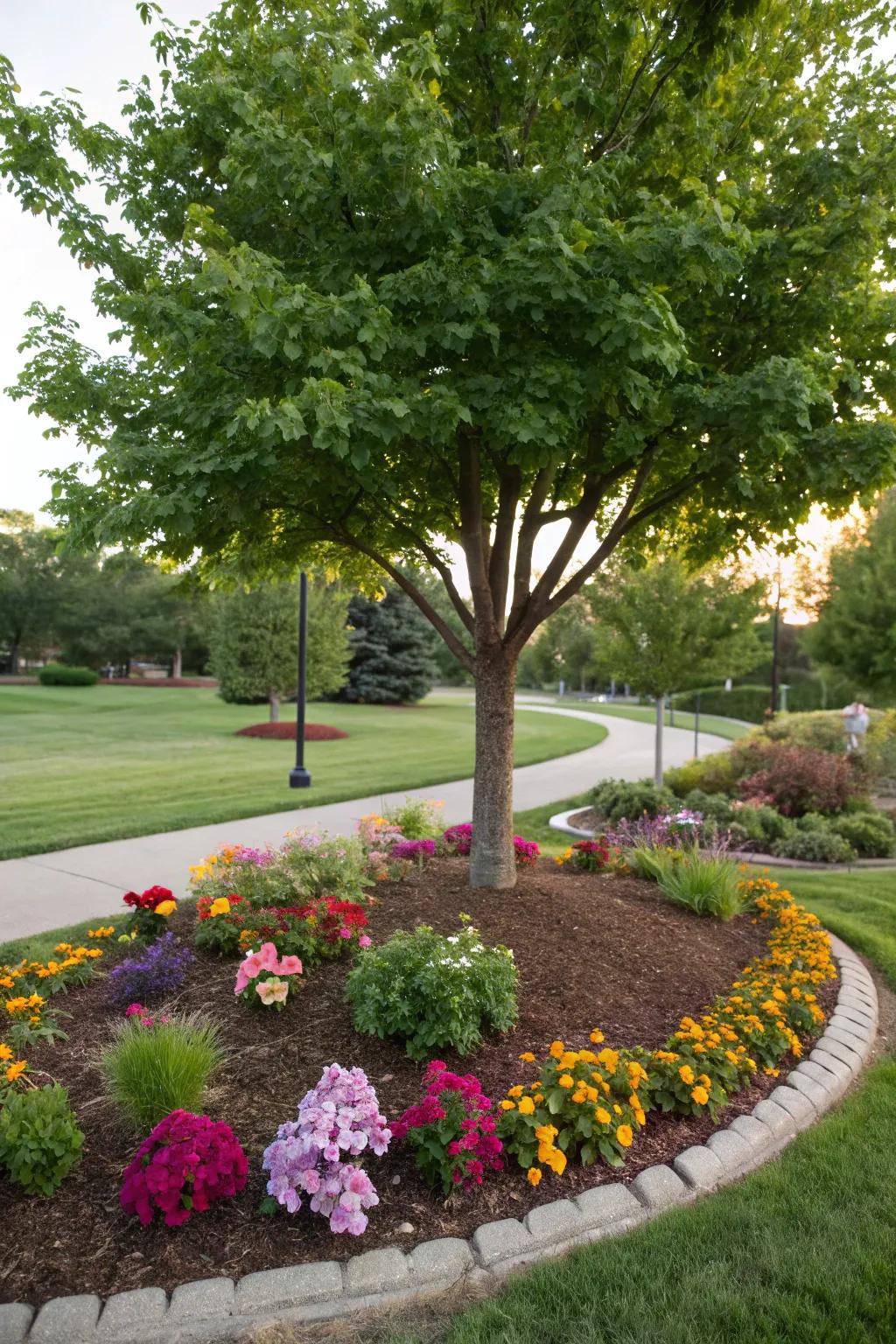 A mulch and flower combo adds vibrant life to your tree's base.