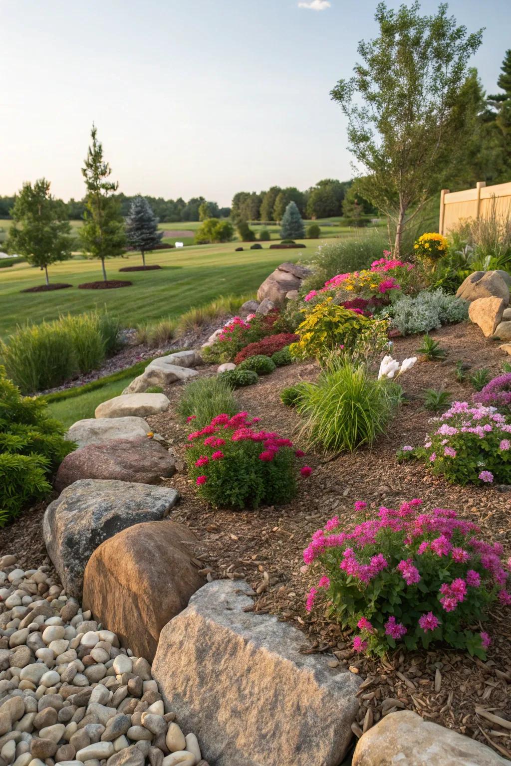 Decorative rocks adding texture and variety to a mulched garden.