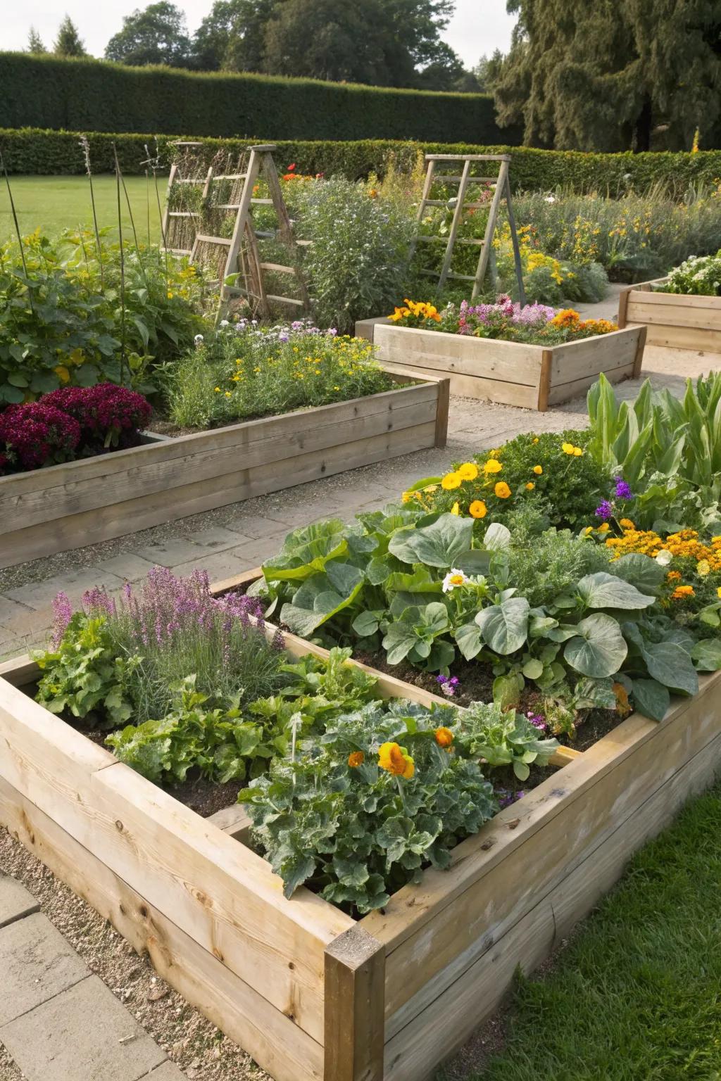 Raised garden beds add structure and height to garden spaces.