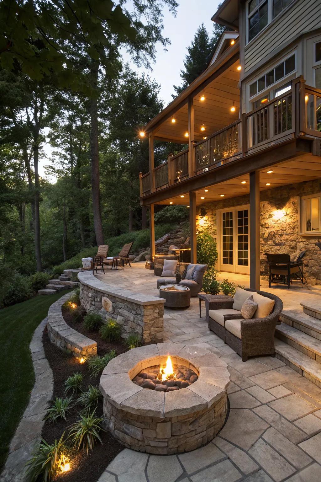A fire pit adds warmth and a focal point to your layered backyard.