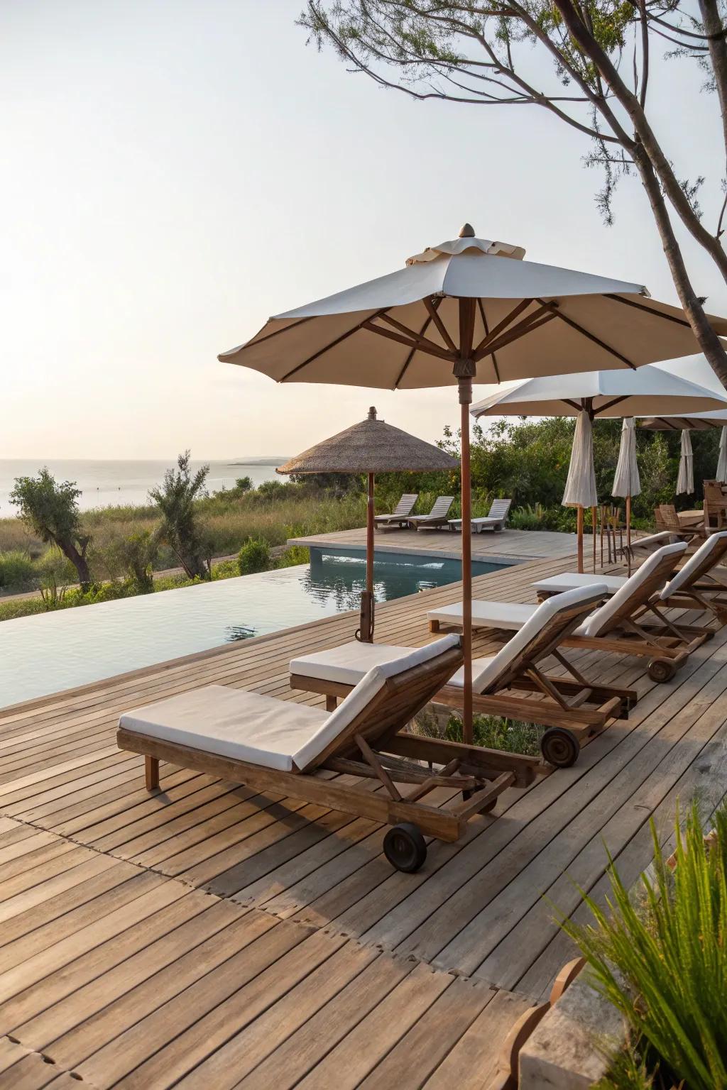 Natural wood decking enhances the poolside aesthetics.