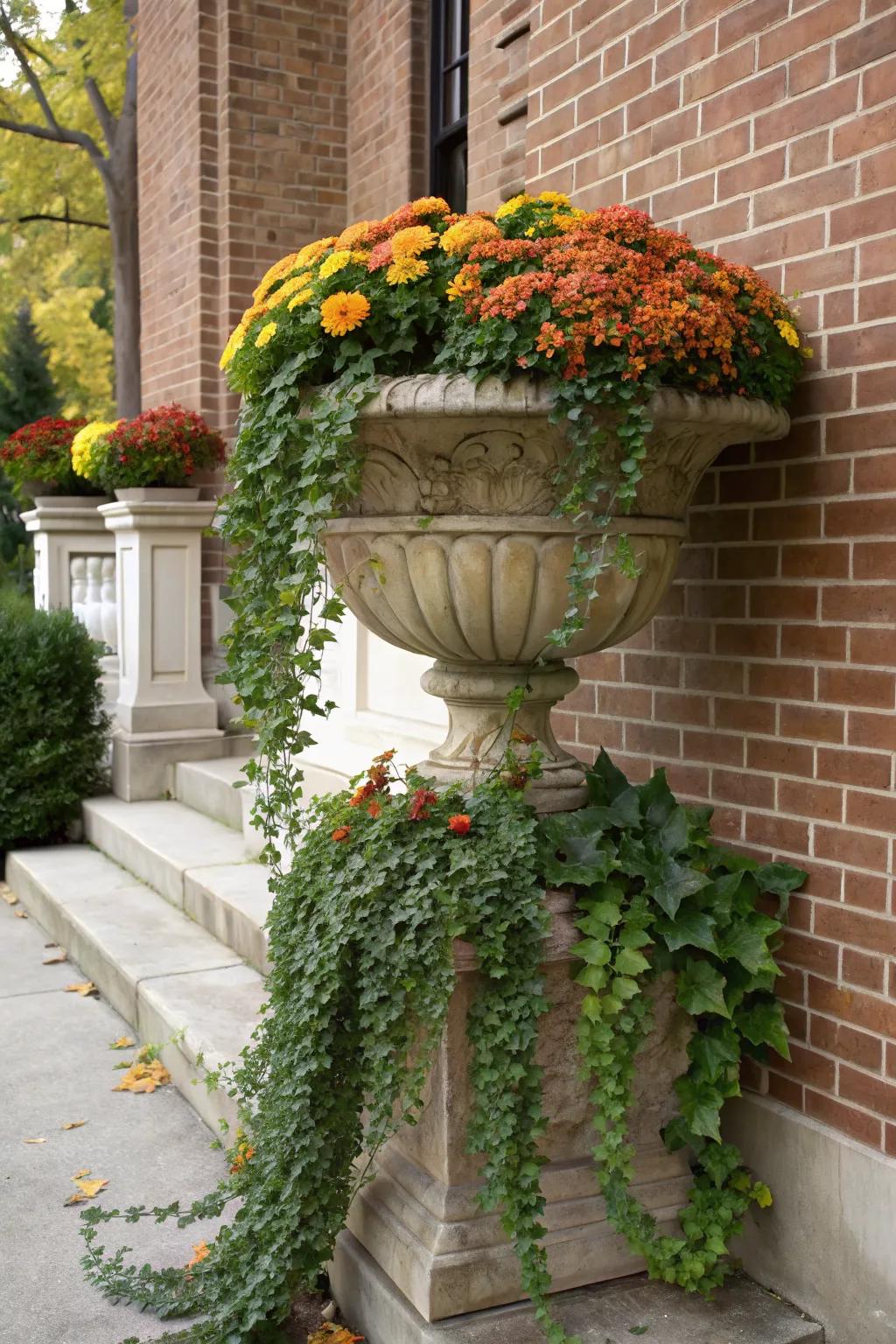 Large urns filled with mums add an elegant touch to any space.