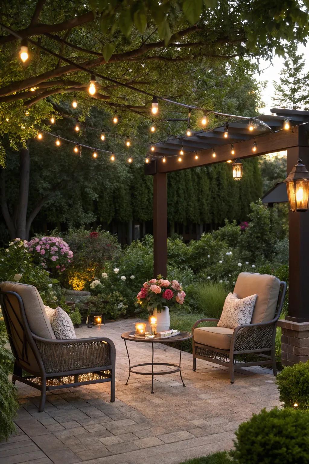 String lights bring a magical glow to the garden.