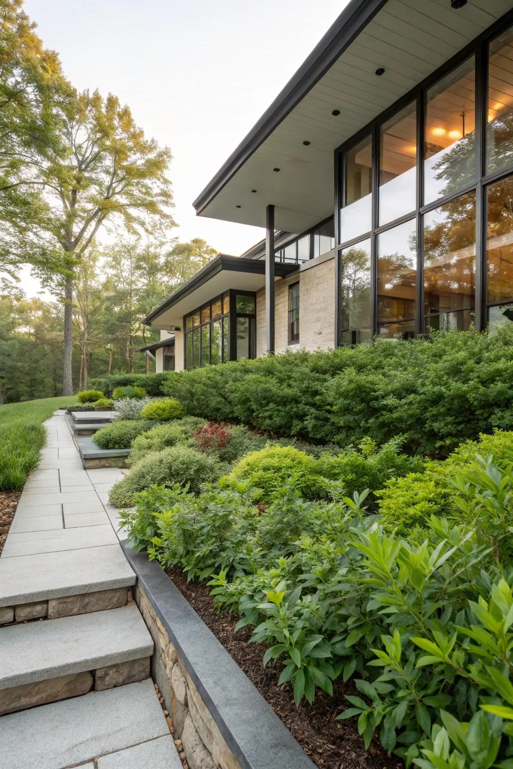 Nandina enhances architectural features when planted around home foundations.